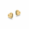 Aretes de botón Mi tienda 2 en forma de corazón con acabado dorado y grabado icónico, estilo elegante y moderno.