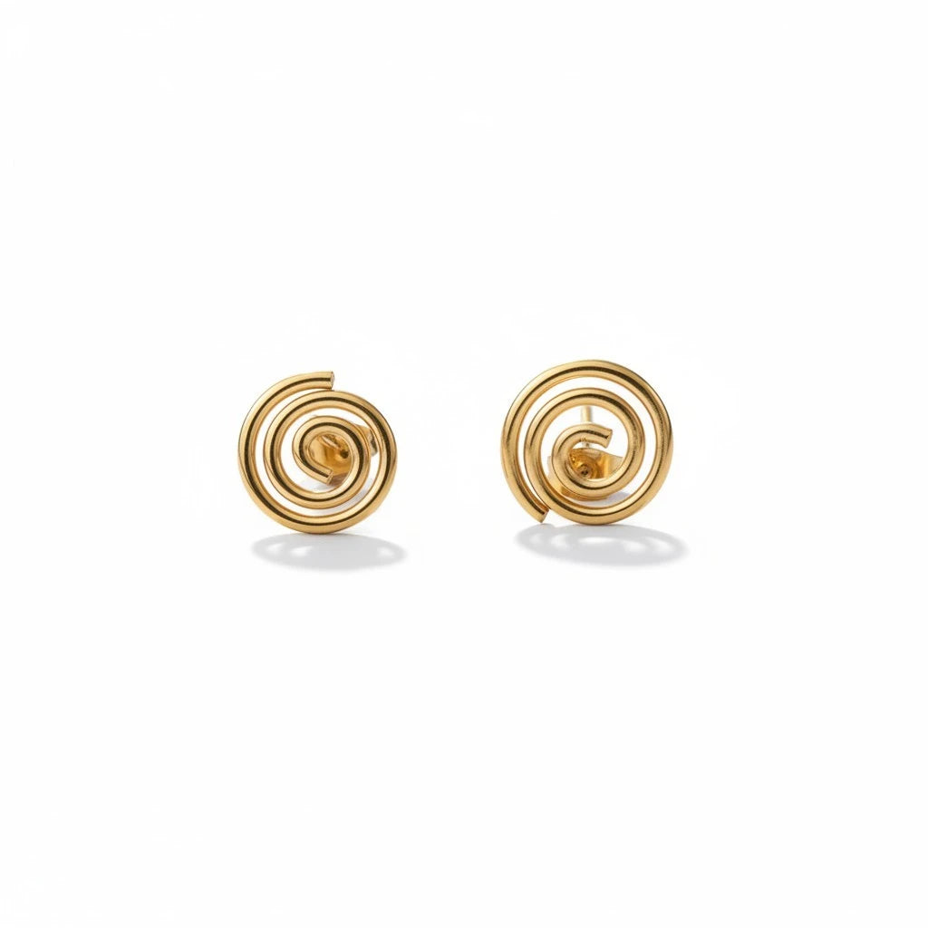 Aretes de diseño espiral dorados de Mi tienda 2, pendientes minimalistas tipo broquel con acabado pulido brillante.