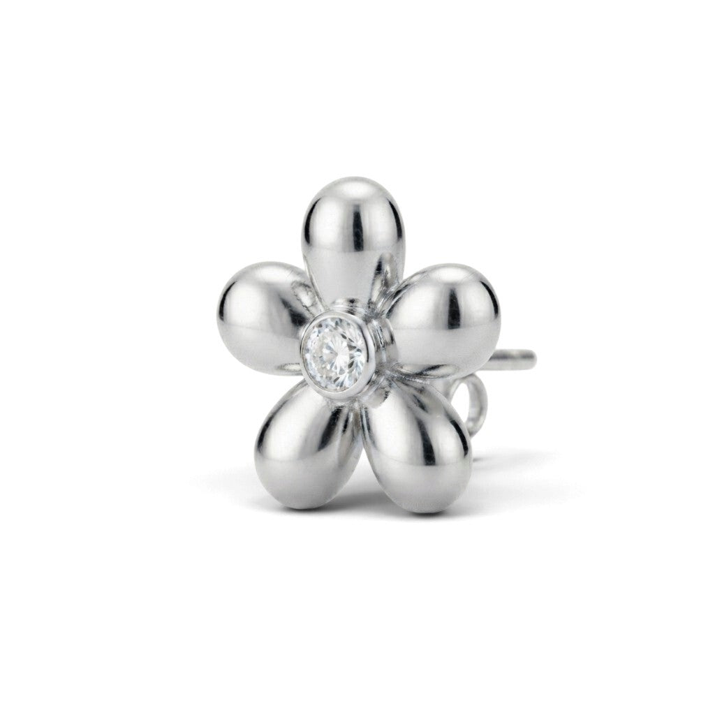 Aretes de botón Mi tienda 2 en forma de flor plateada con acabado pulido y piedra brillante central