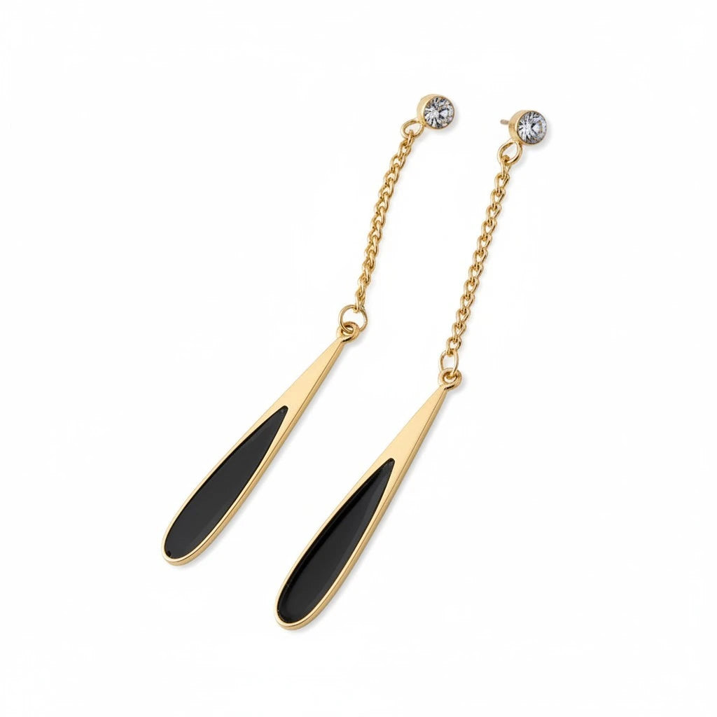 Aretes colgantes Mi tienda 2 largos con cadena dorada, diseño de gota en negro y cristal brillante superior.