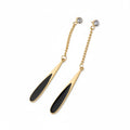 Aretes colgantes Mi tienda 2 largos con cadena dorada, diseño de gota en negro y cristal brillante superior.