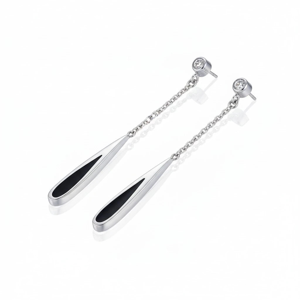 Aretes colgantes Mi tienda 2 largos con cadena, diseño de gota plateada, detalle negro y cristal brillante superior.