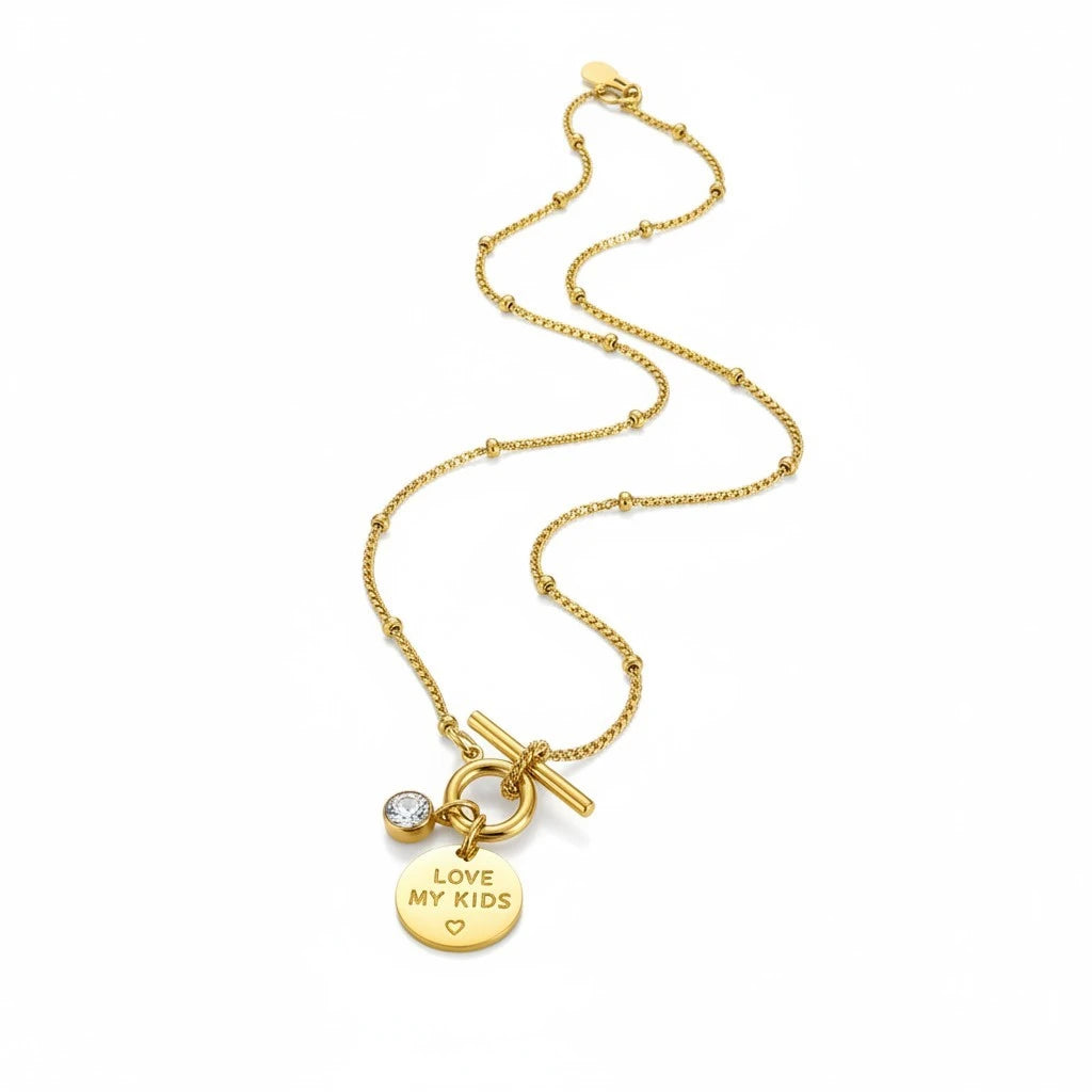 Collar Mi tienda 2 dorado con cadena de esferas, cierre de barra en T, dije grabado Love My Kids y cristal brillante.