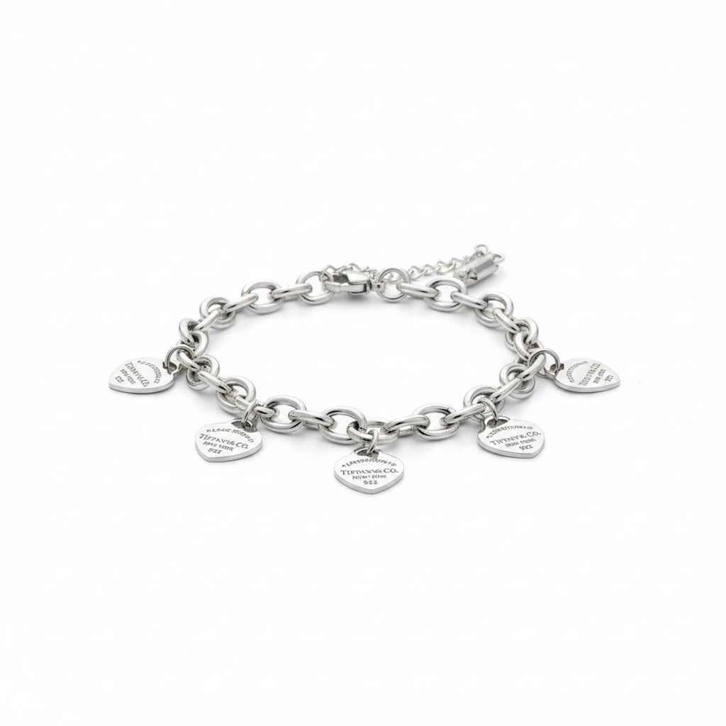 Pulsera Mi tienda 2 de plata de ley 925 con cadena de eslabones y múltiples dijes de corazón grabados