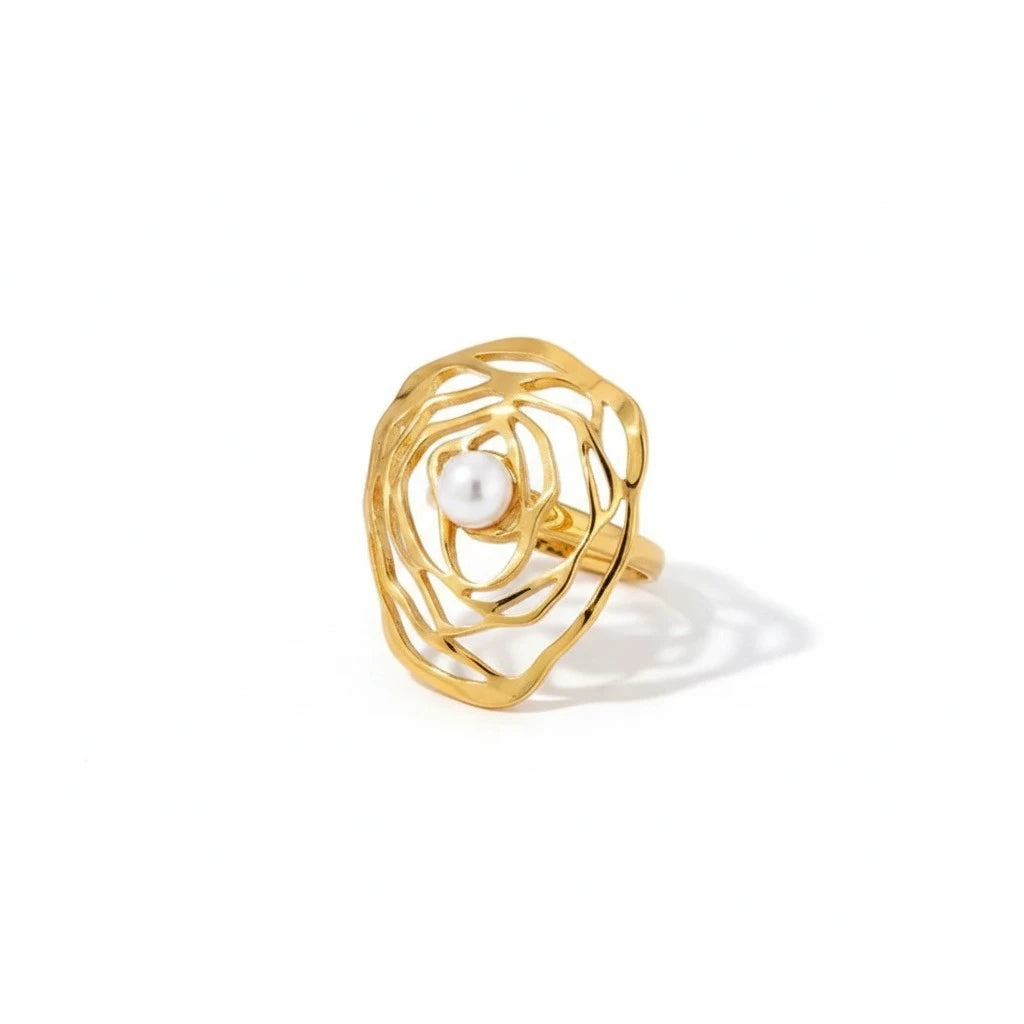 Anillo De Diseño Abstracto Con Perla Central