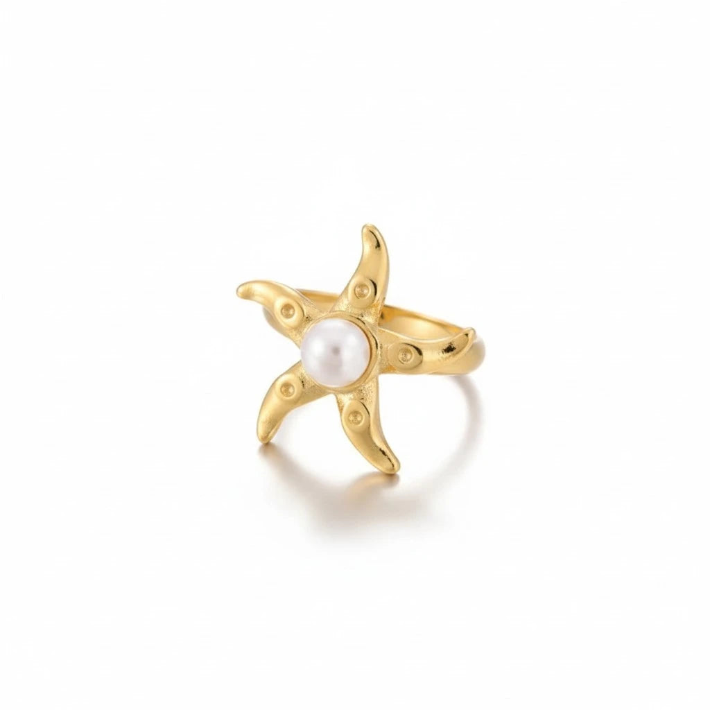 Anillo De Estrella De Mar Con Perla Central