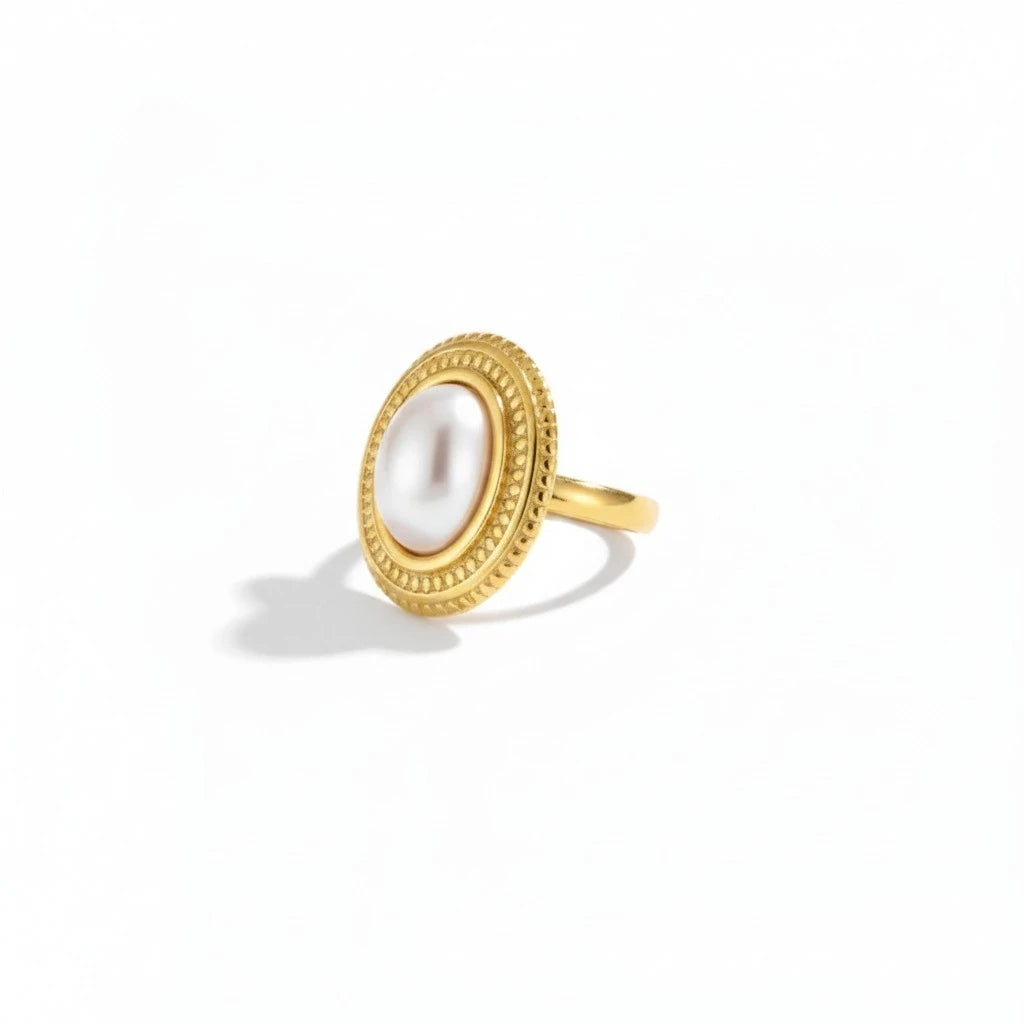 Anillo Ovalado Con Perla Central Para Dama